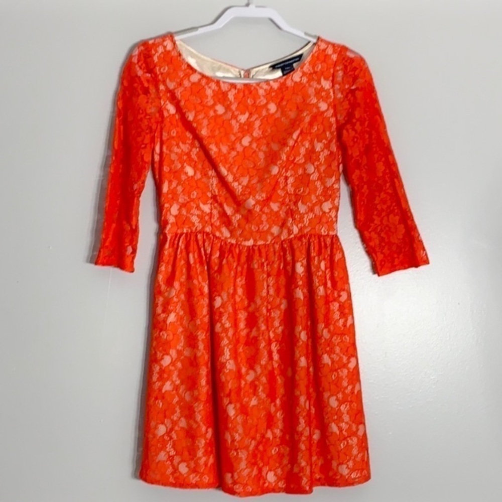 French Connection coral Lace Floral Mini Dress 3/4 tea party a line